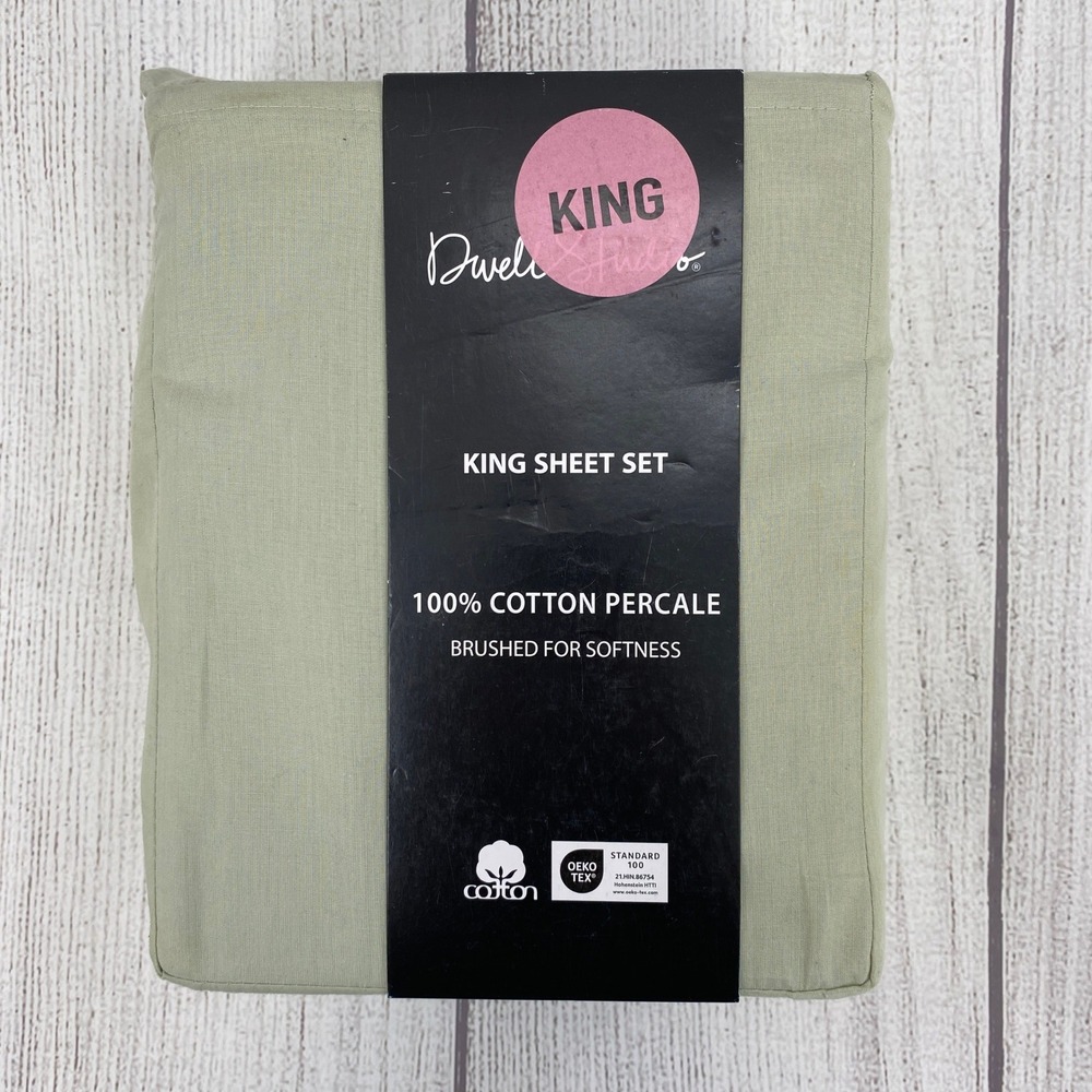 DwellStudio Sheet Set King Sage Green 100% Cotton Percale Brushed Earthy